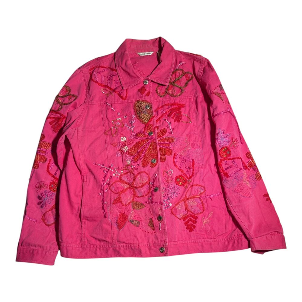 Vtg Y2K Laura Ashley Bright Pink Red Floral Embroidered Button Up Jacket Sz L